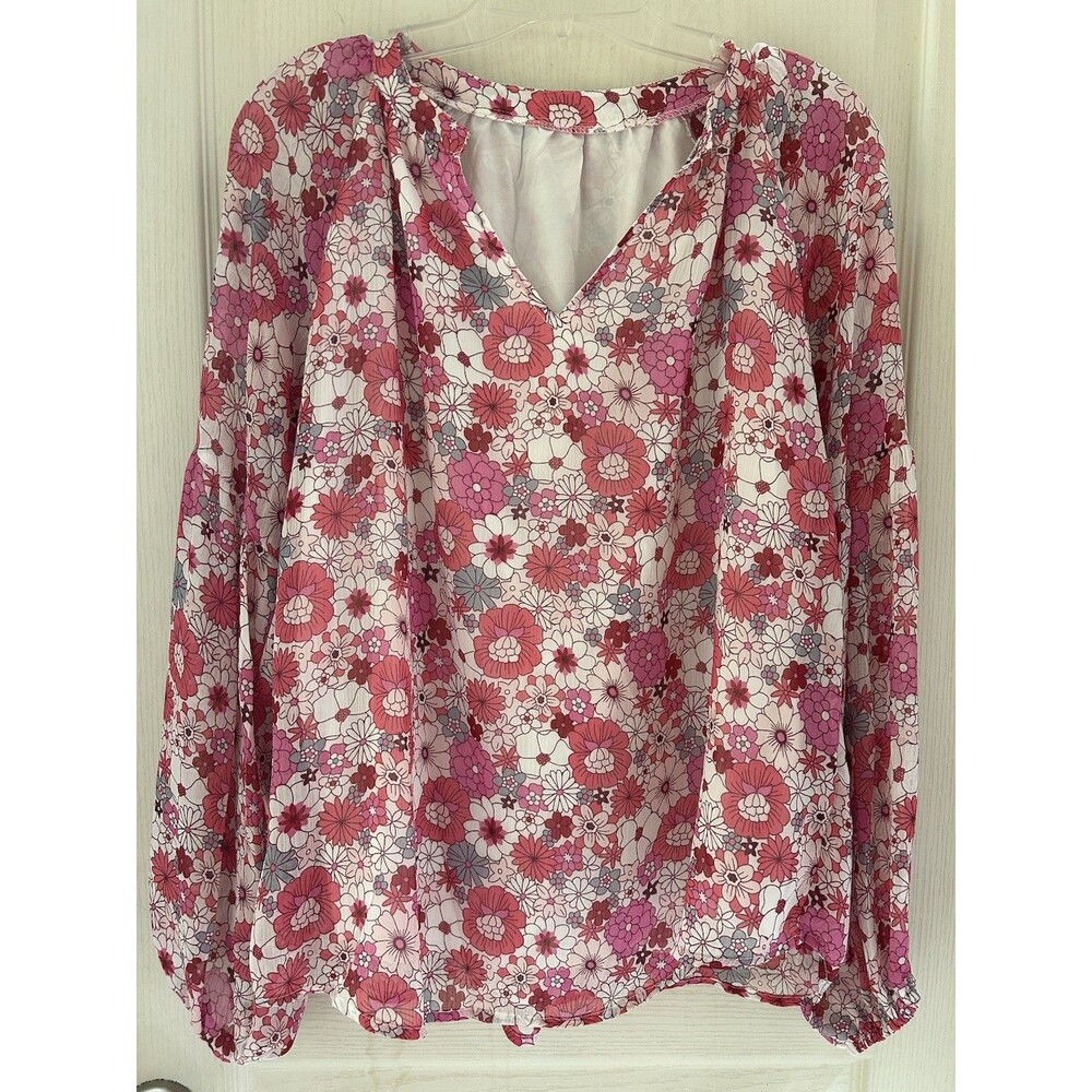 Boutique Floral Blouse Women Large L Pink Coral Long Sleeve Lined Flowy Scoop - Picture 2 of 9